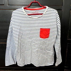 Mini Boden Girls Striped Pocket Long Sleeve Shirt